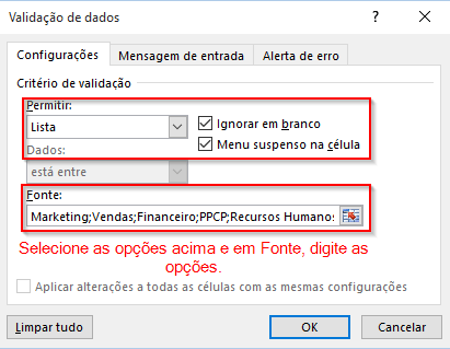 Lista Suspensa Validação de Dados